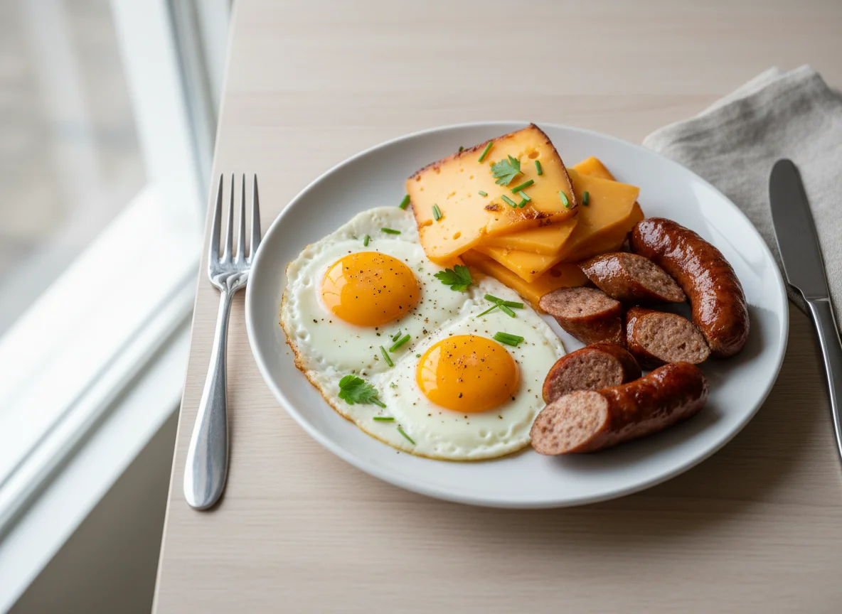 Breakfast Plate with Eggs, Cheese, and Sausage photo