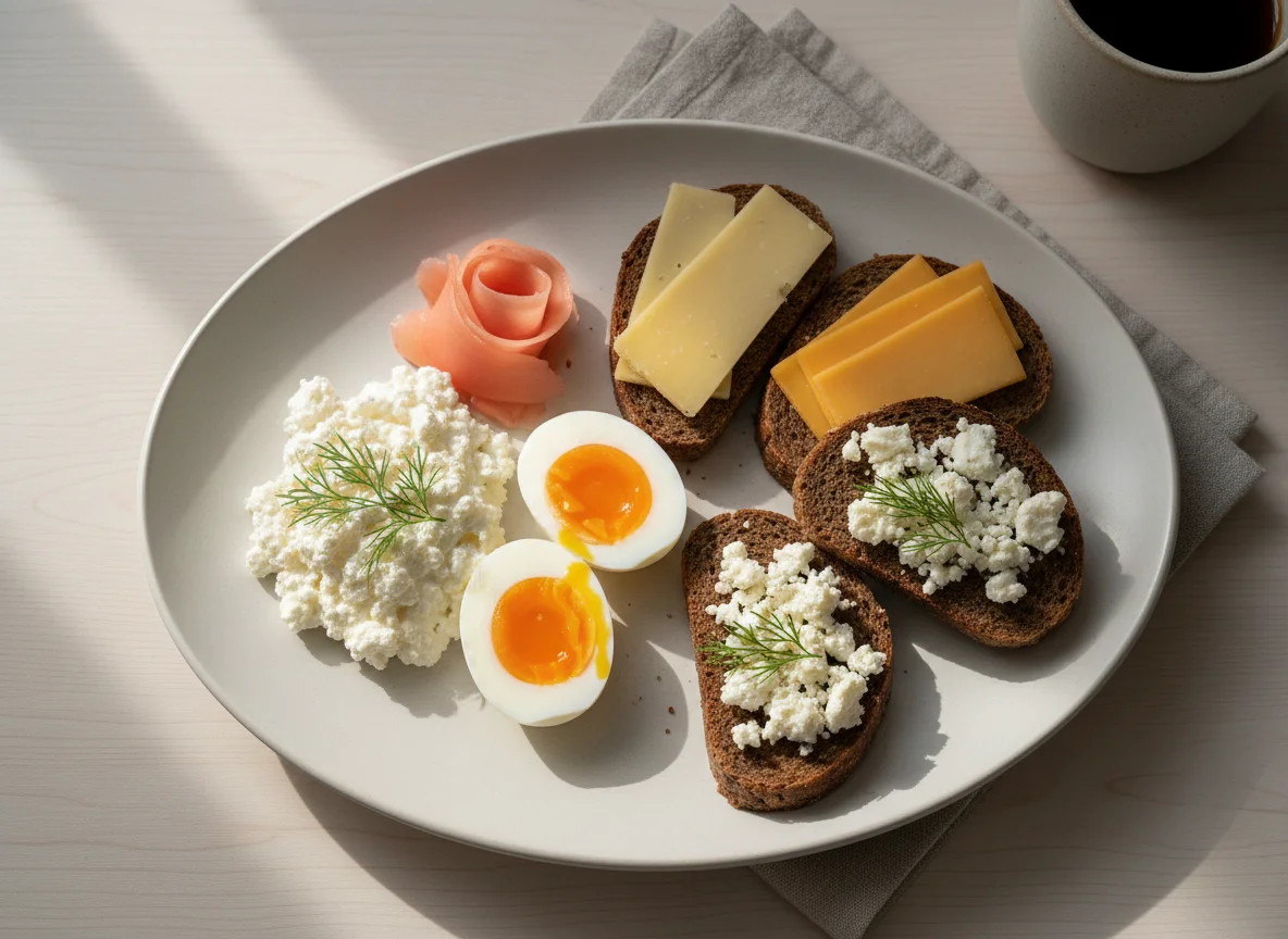 Breakfast plate with eggs, cheese, cottage cheese, and pickled ginger photo