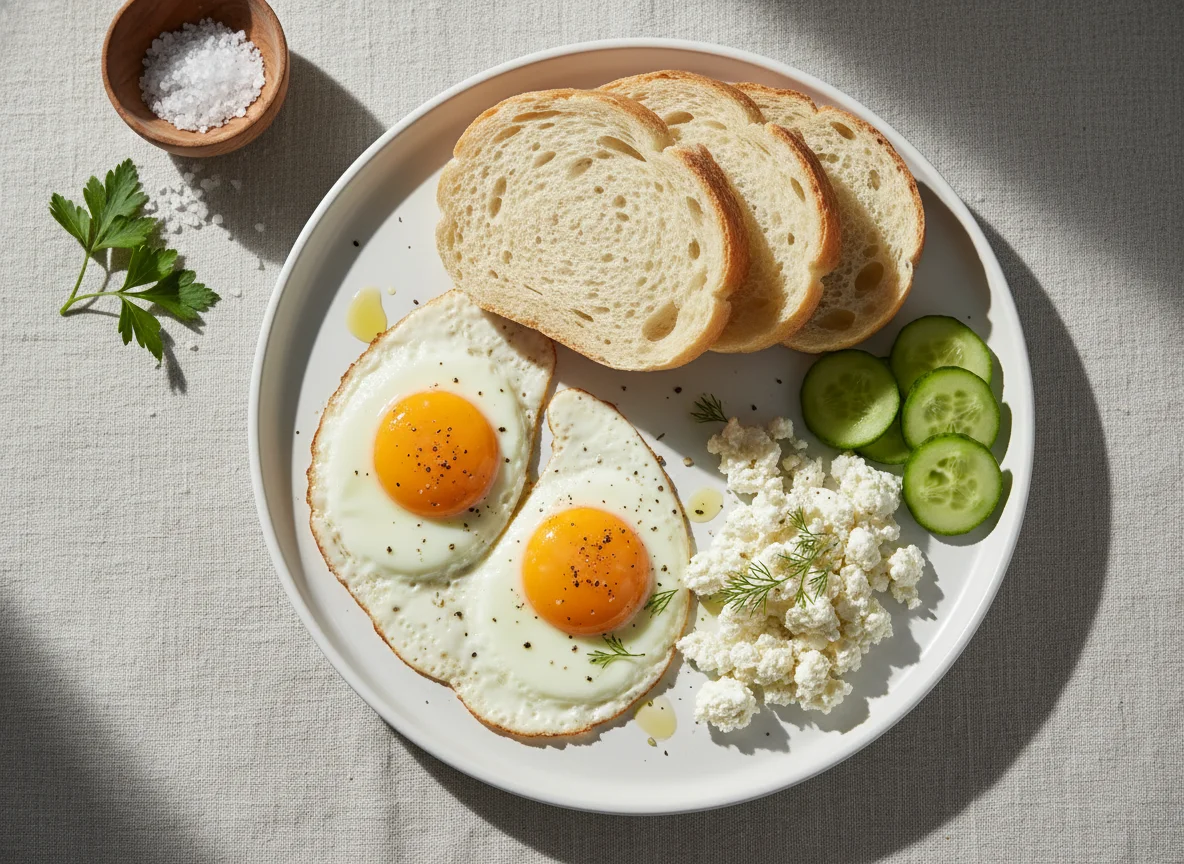 Breakfast plate with eggs, cheese, cucumber, and bread photo