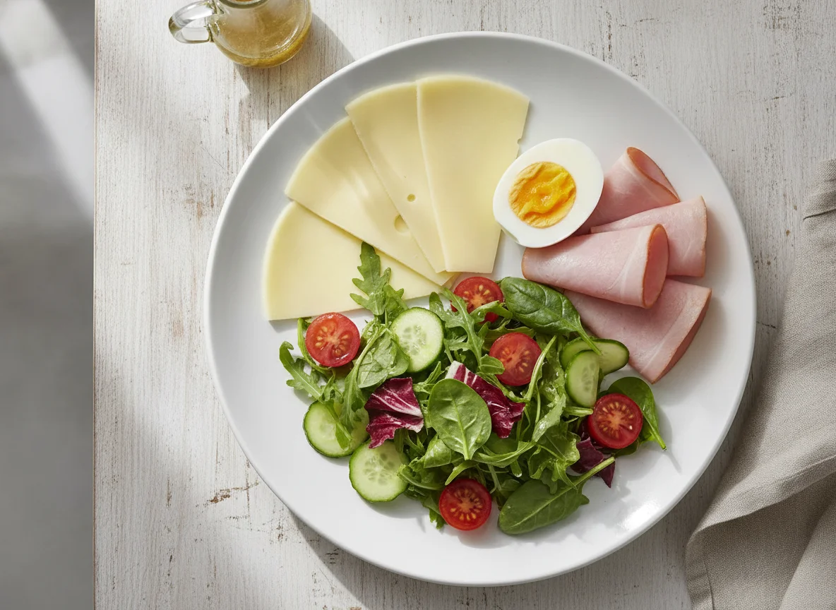 Breakfast plate with eggs, cheese, ham, and salad photo