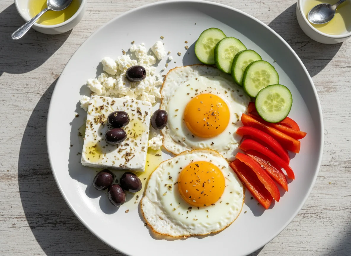 Breakfast plate with eggs, cheese, olives and vegetables photo
