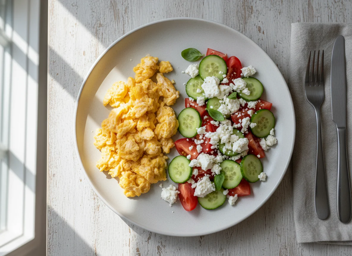 Breakfast plate with eggs, cheese, tomatoes, and cucumber photo
