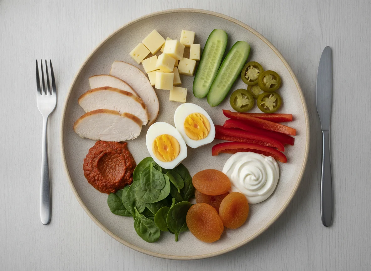 Breakfast plate with eggs, chicken, and vegetables photo
