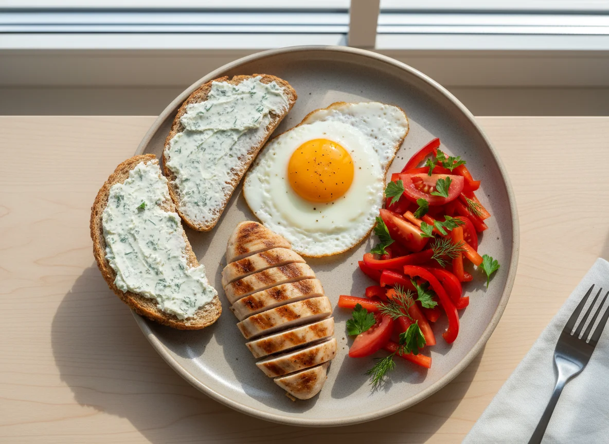 Breakfast plate with eggs, chicken, toast, and vegetables photo