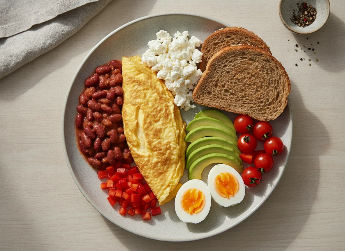 Breakfast plate with eggs, cottage cheese, and beans photo