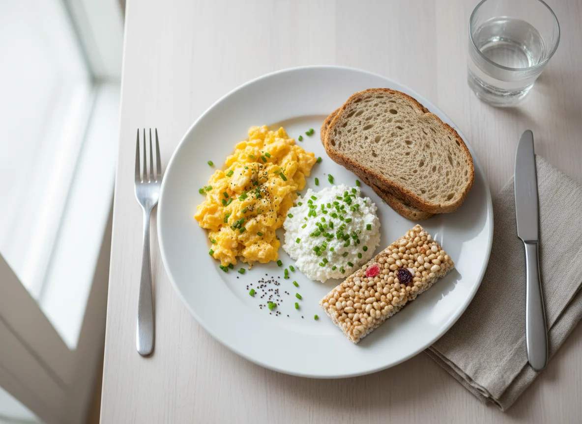 Breakfast plate with eggs, cottage cheese, bread, and cereal bar photo