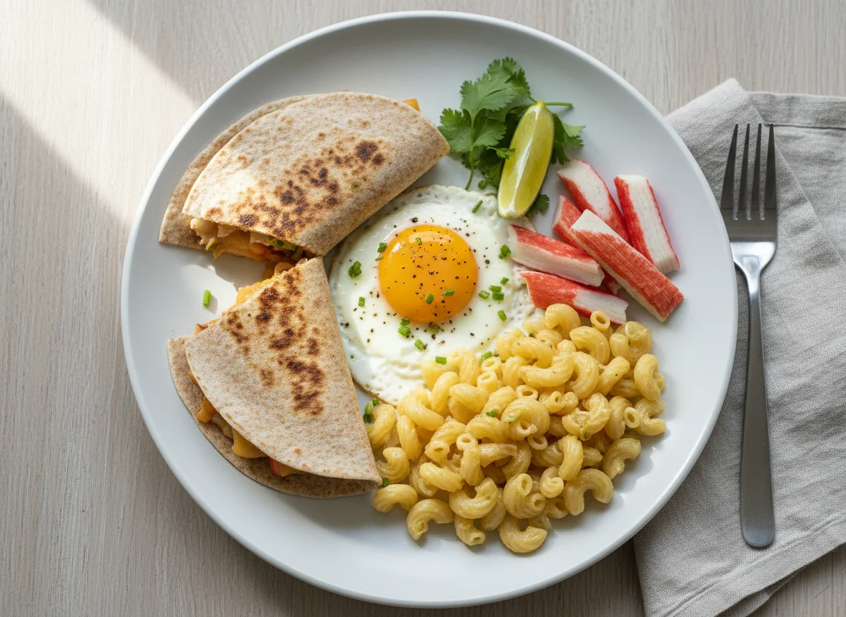 Breakfast plate with eggs, crab sticks, pasta, and tortilla photo