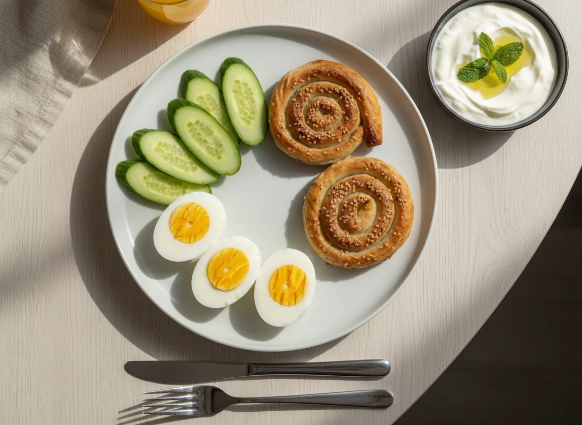 Breakfast Plate with Eggs, Cucumber, and Pastry photo