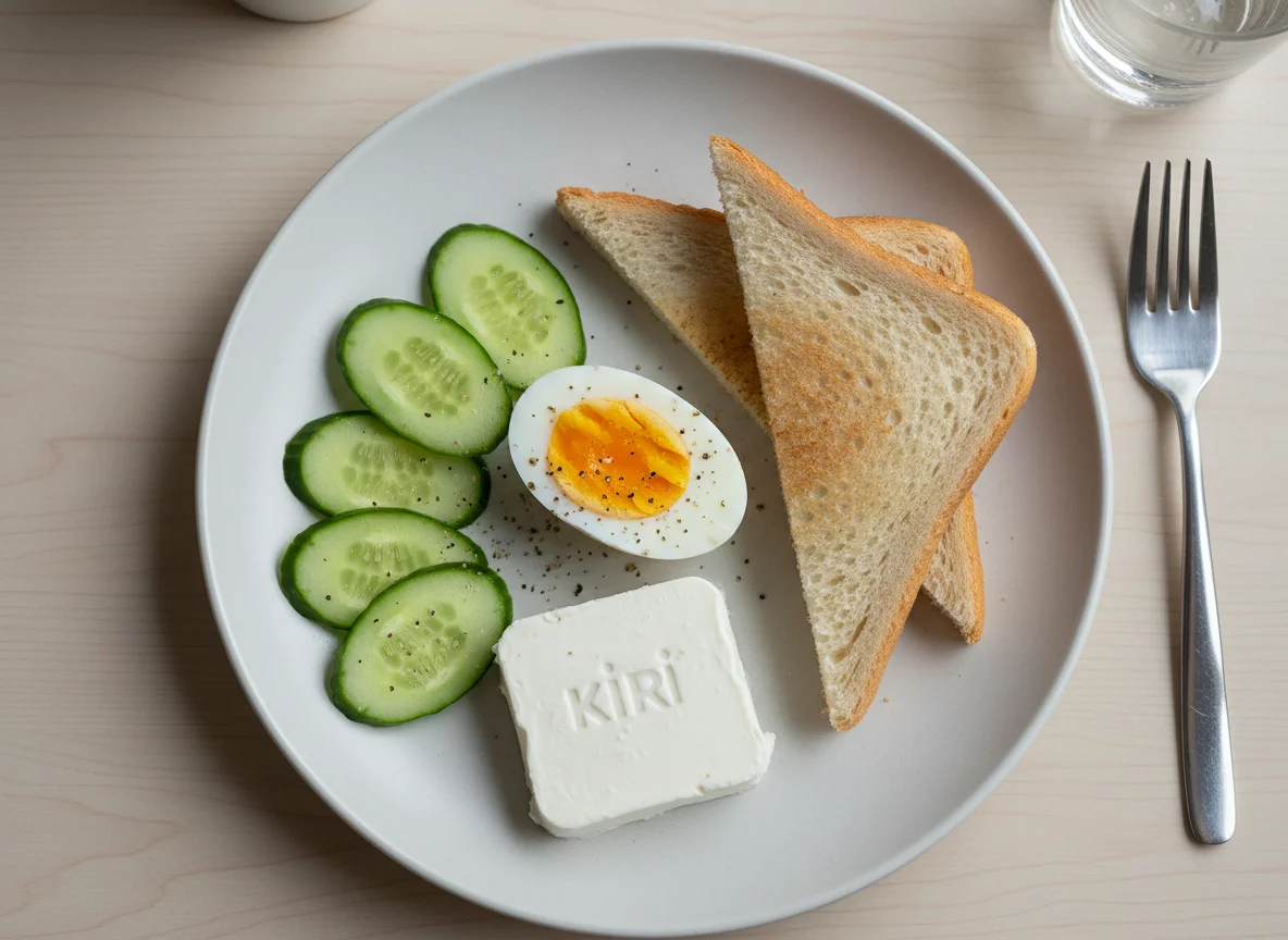 Breakfast Plate with Eggs, Cucumber, and Toast photo