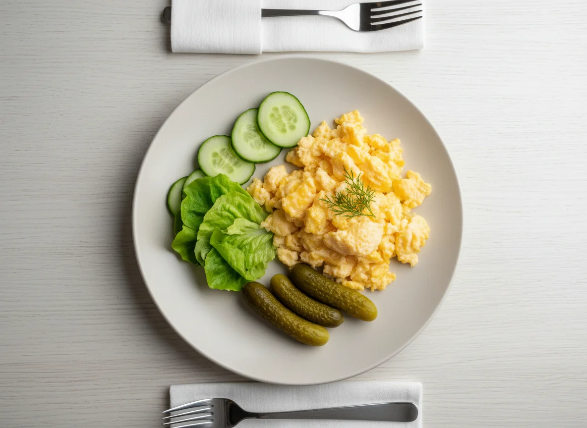 Breakfast plate with eggs, cucumber, lettuce, and pickles photo