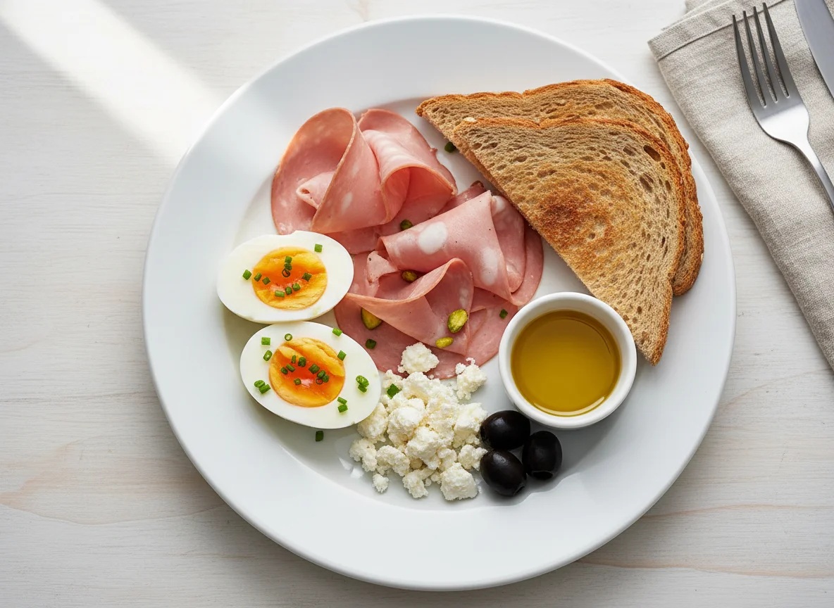 Breakfast plate with eggs, deli meat, cheese, and toast photo