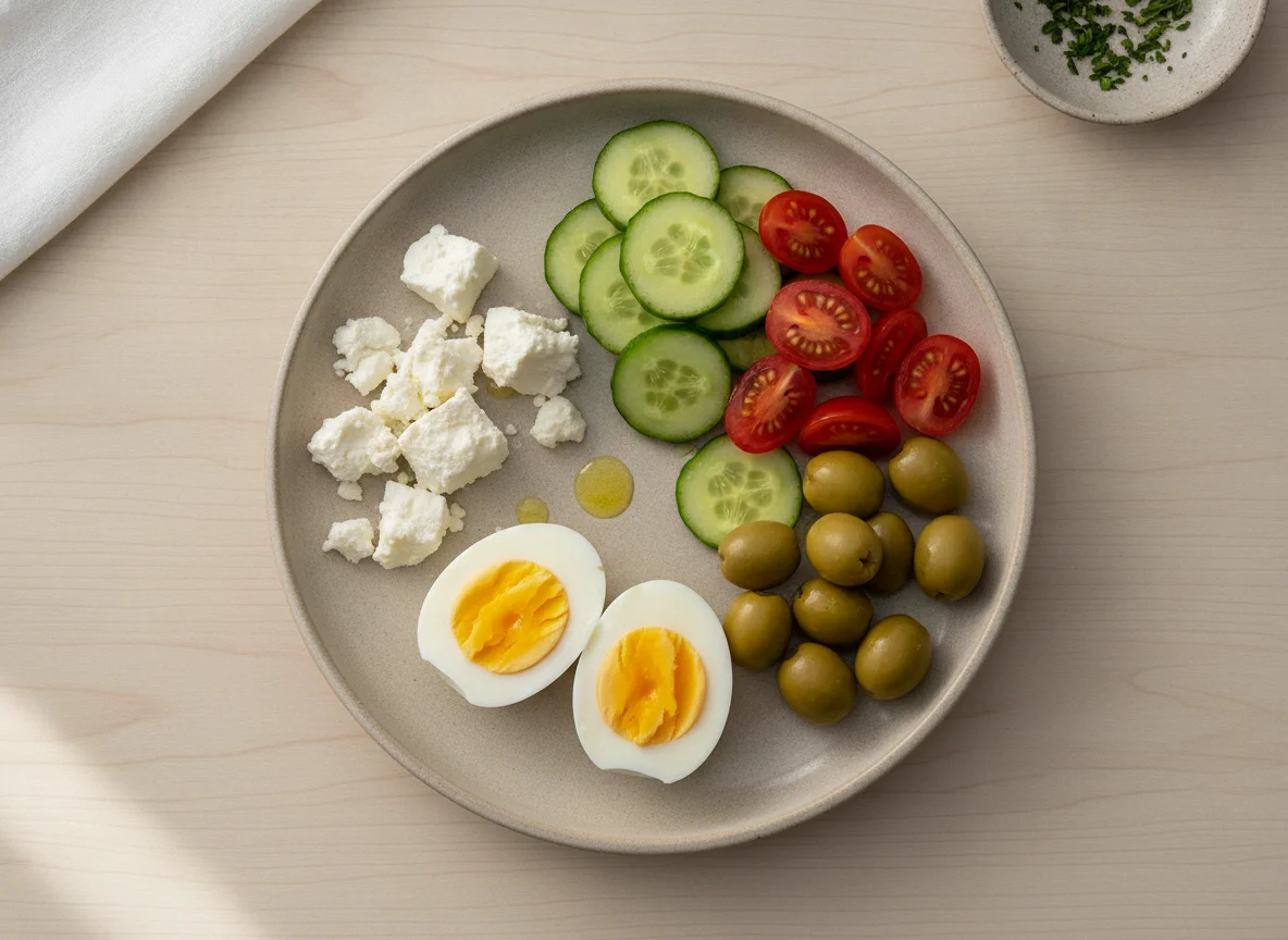 Breakfast plate with eggs, feta cheese, and vegetables photo