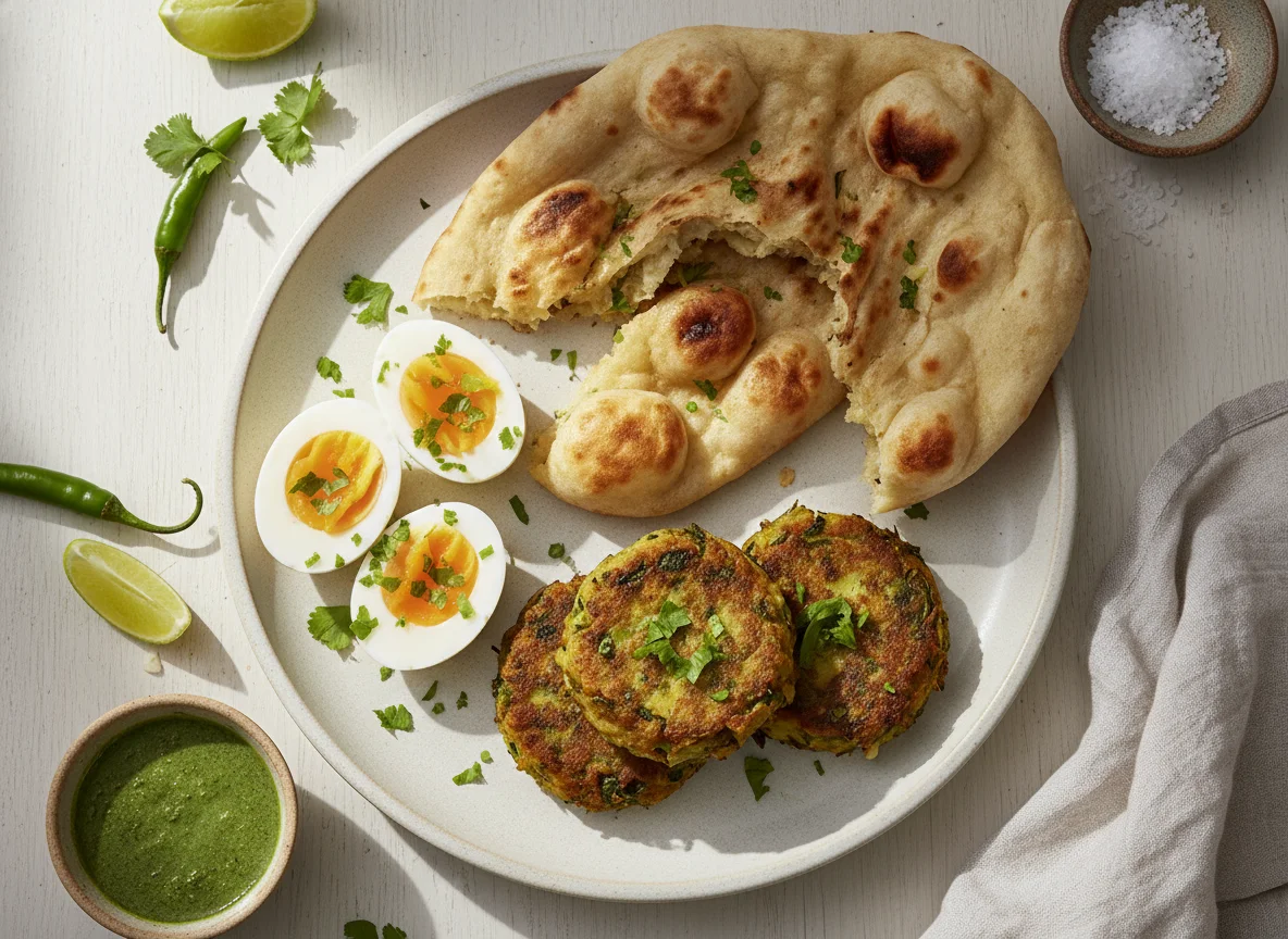 Breakfast Plate with Eggs, Flatbread, and Patties photo