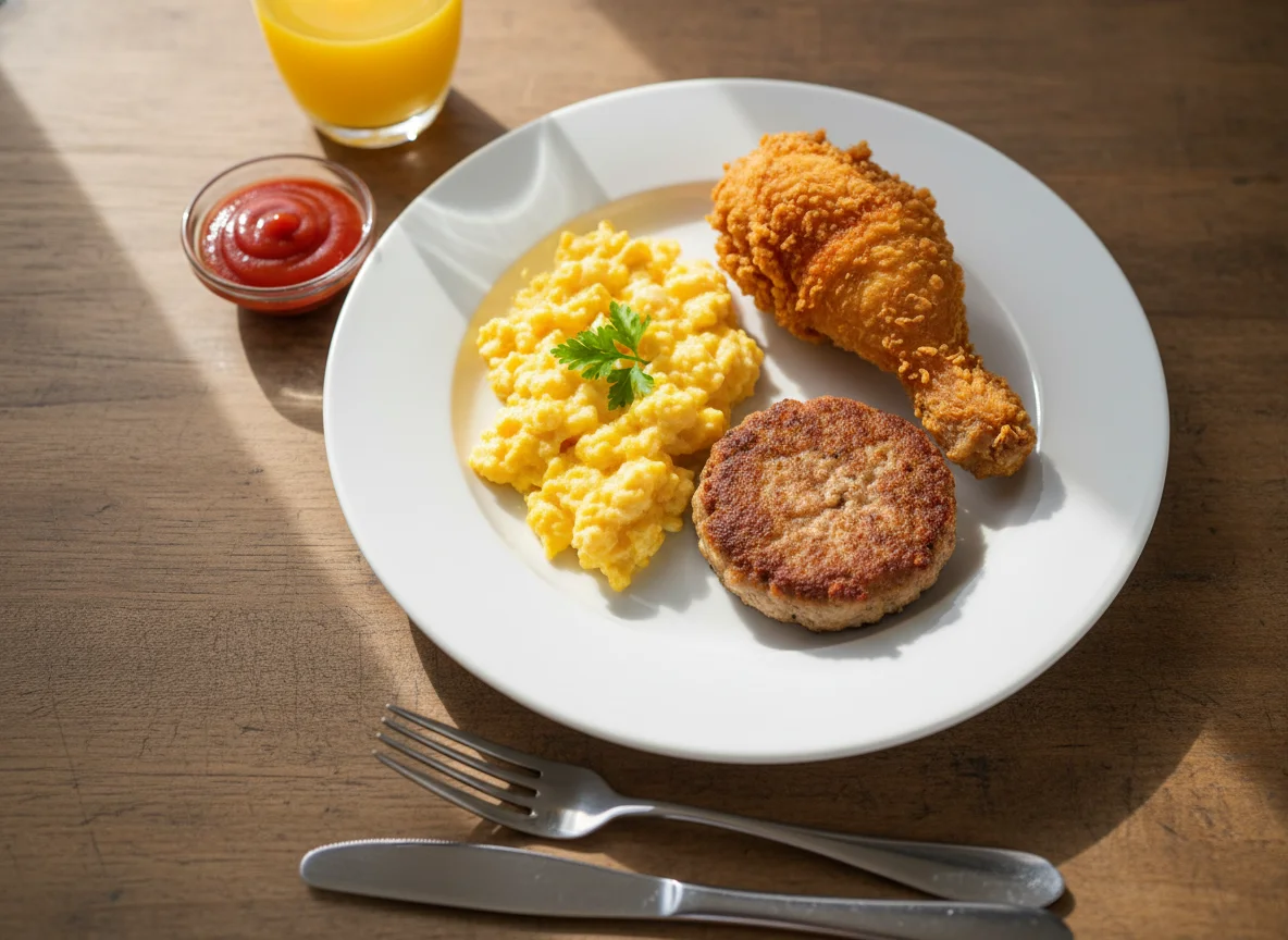 Breakfast Plate with Eggs, Fried Chicken, and Sausage photo