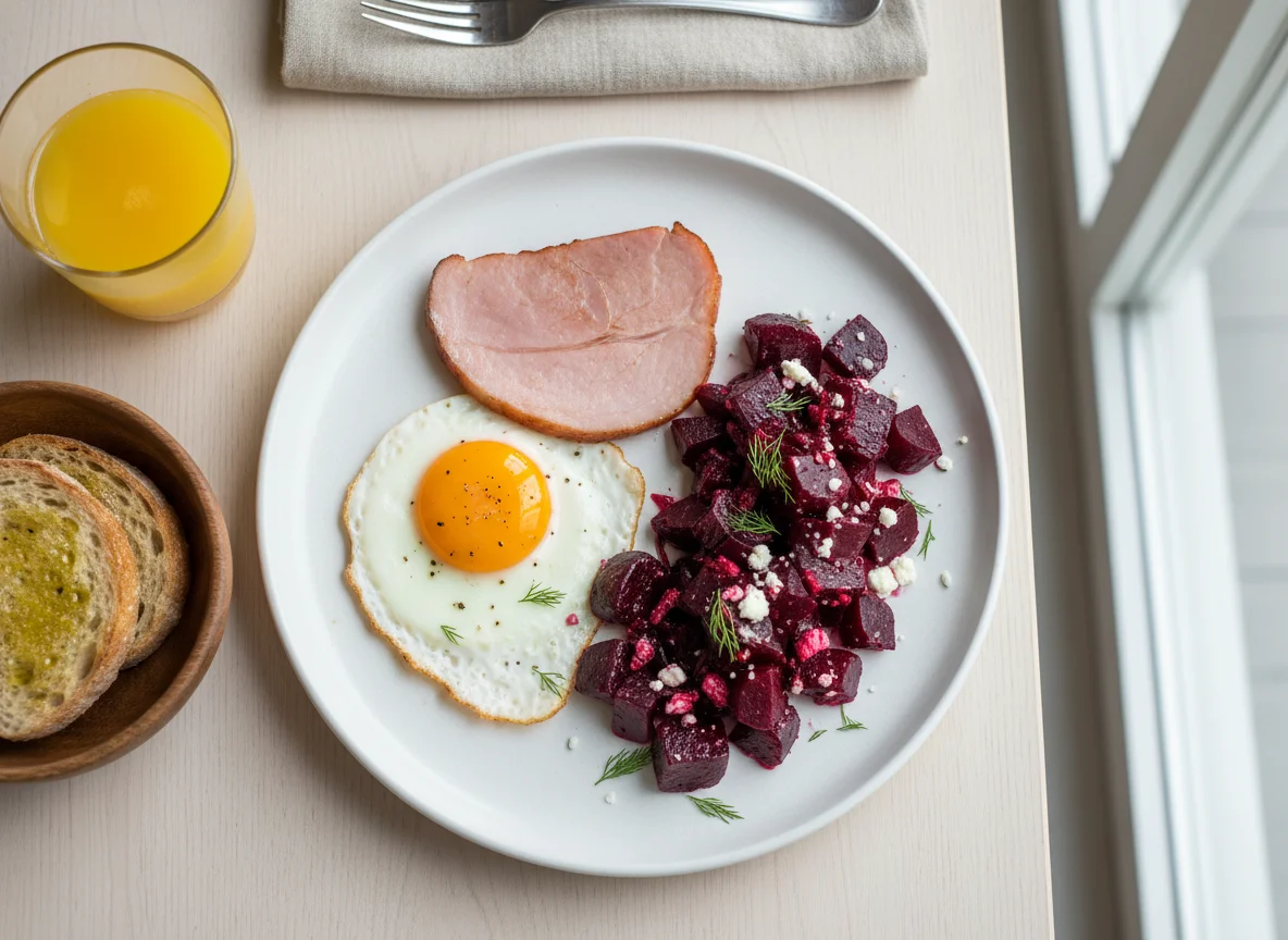 Breakfast Plate with Eggs, Ham, and Beets photo