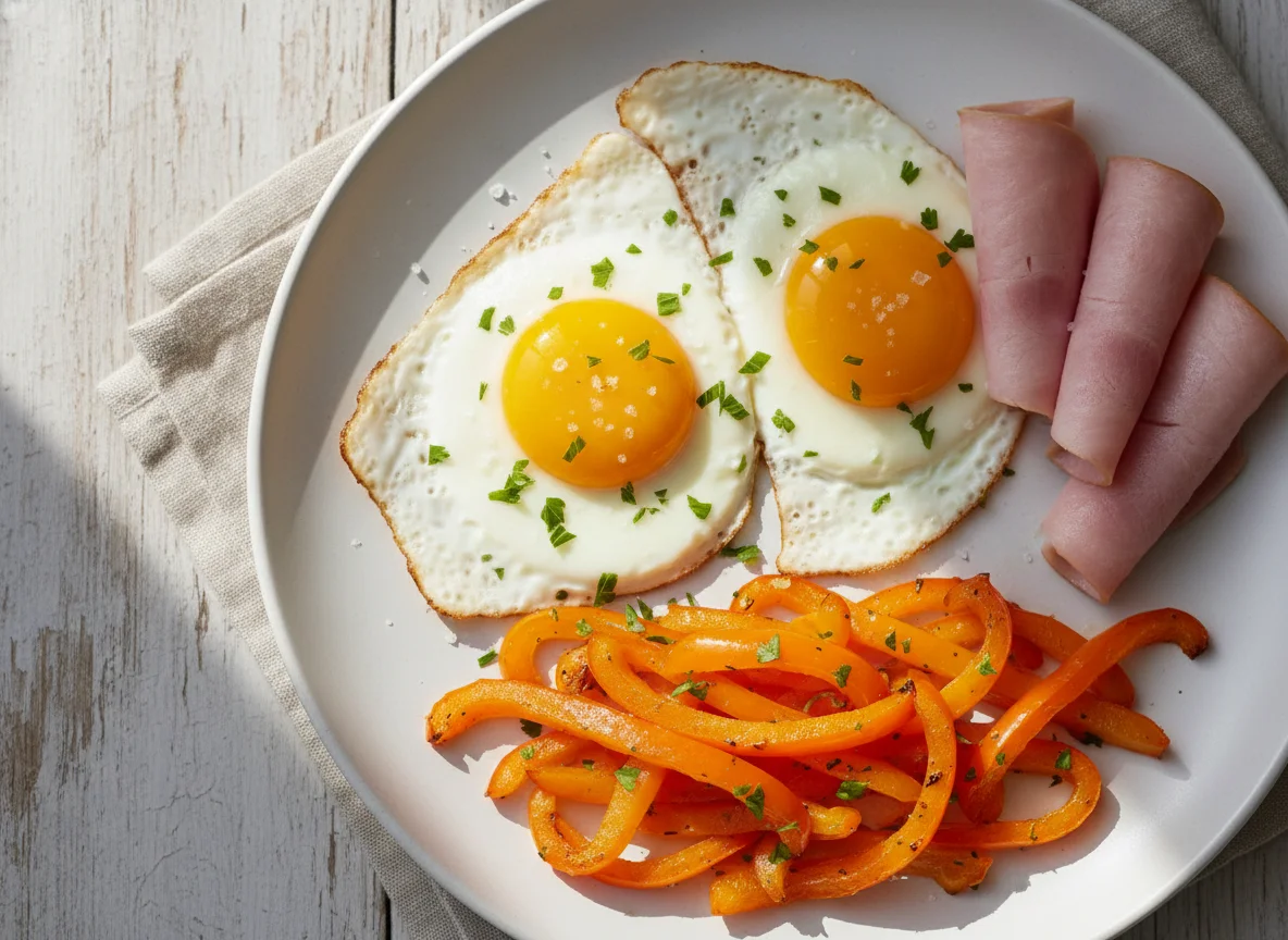 Breakfast Plate with Eggs, Ham, and Bell Pepper photo