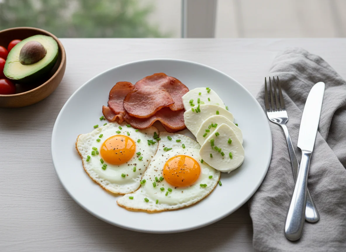 Breakfast Plate with Eggs, Ham, and Cheese photo