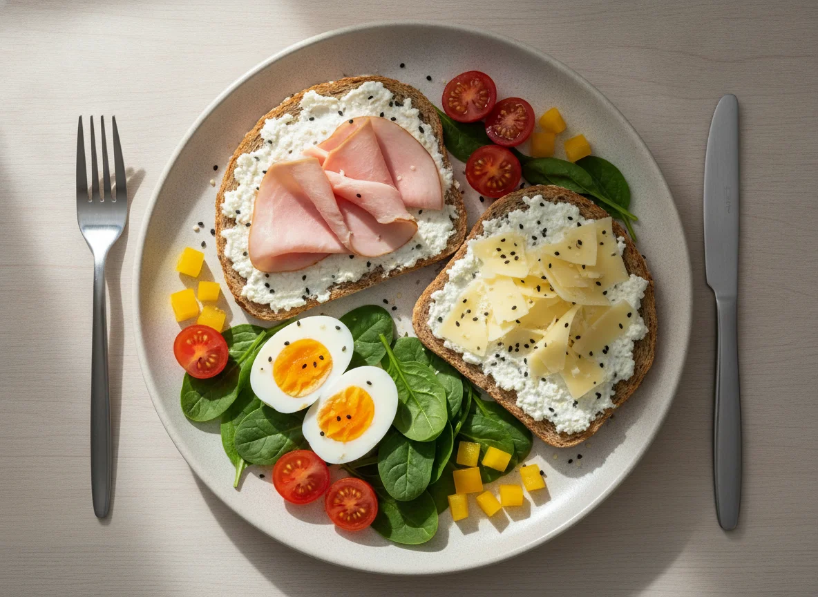 Breakfast plate with eggs, ham, and cottage spread on bread photo