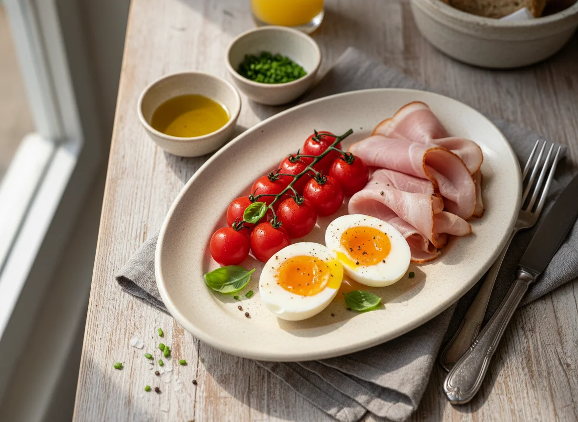 Breakfast Plate with Eggs, Ham, and Tomatoes photo