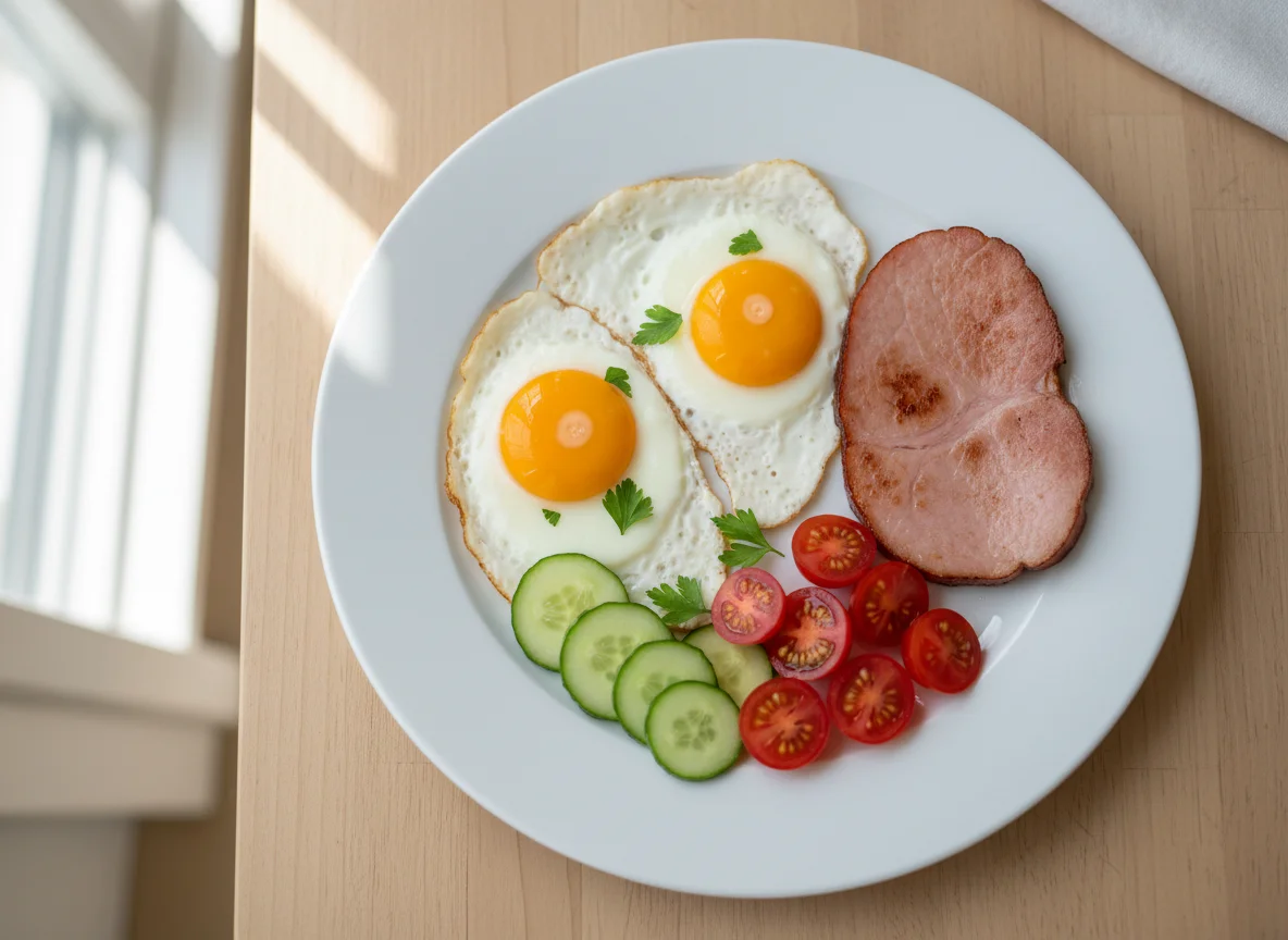 Breakfast Plate with Eggs, Ham, and Vegetables photo