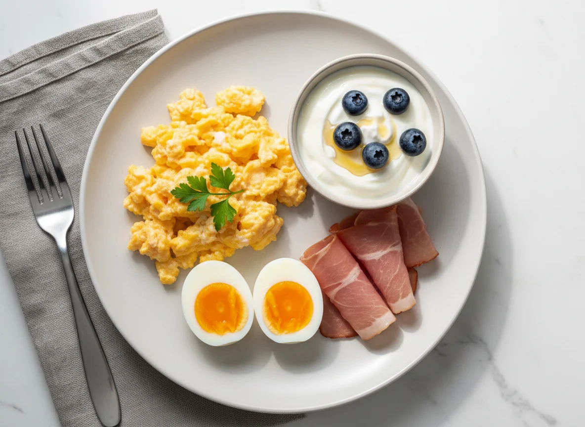 Breakfast plate with eggs, ham, and yogurt photo