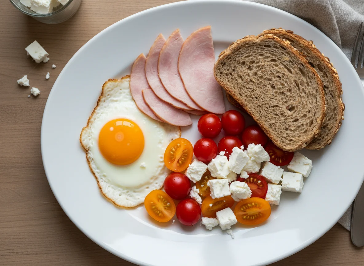 Breakfast plate with eggs, ham, bread, cheese, and tomatoes photo