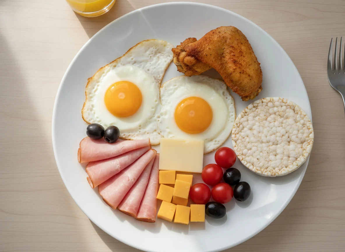 Breakfast plate with eggs, ham, cheese, and chicken wing photo