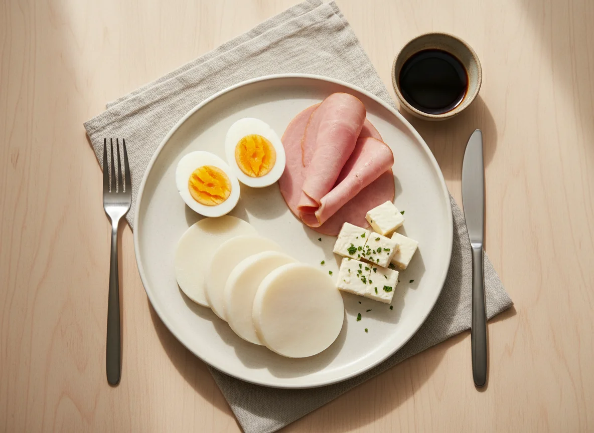 Breakfast plate with eggs, ham, cheese, and rice cakes photo