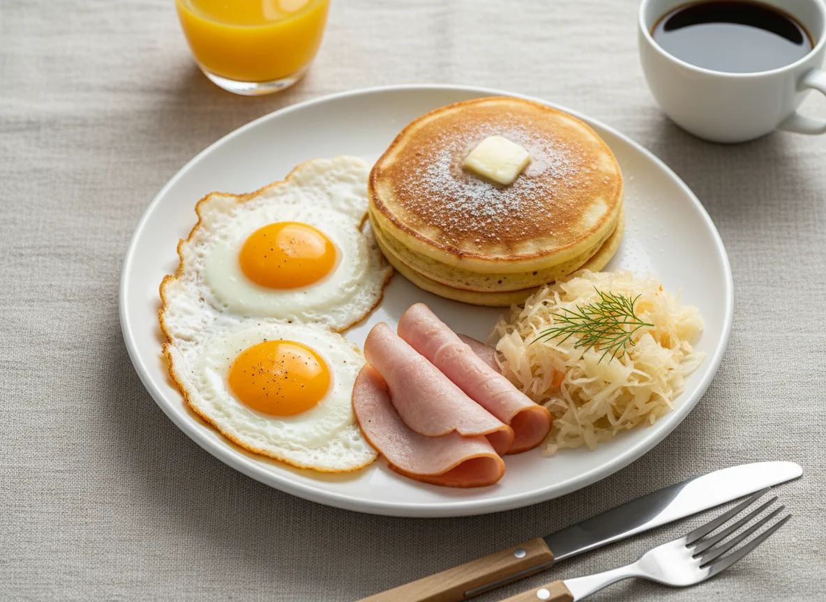 Breakfast Plate with Eggs, Ham, Pancake, and Sauerkraut photo