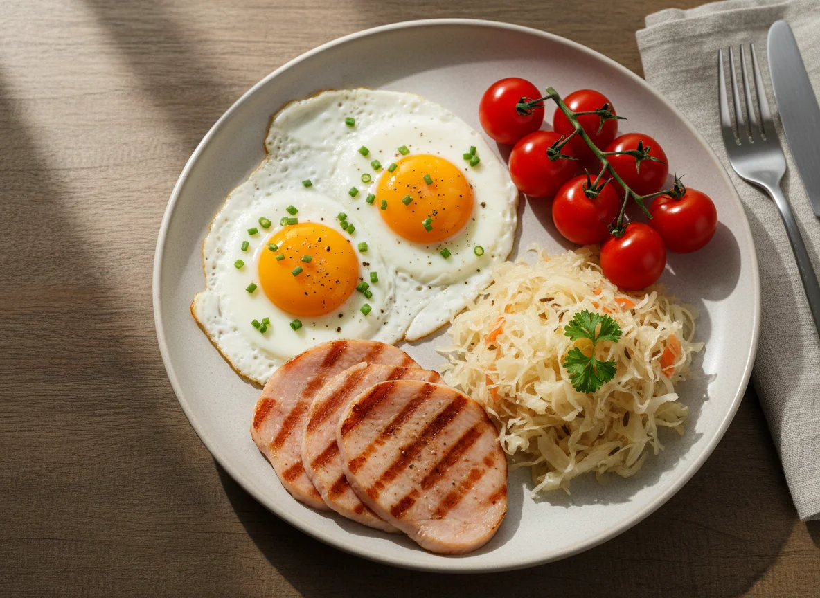 Breakfast Plate with Eggs, Ham, Sauerkraut, and Cherry Tomatoes photo