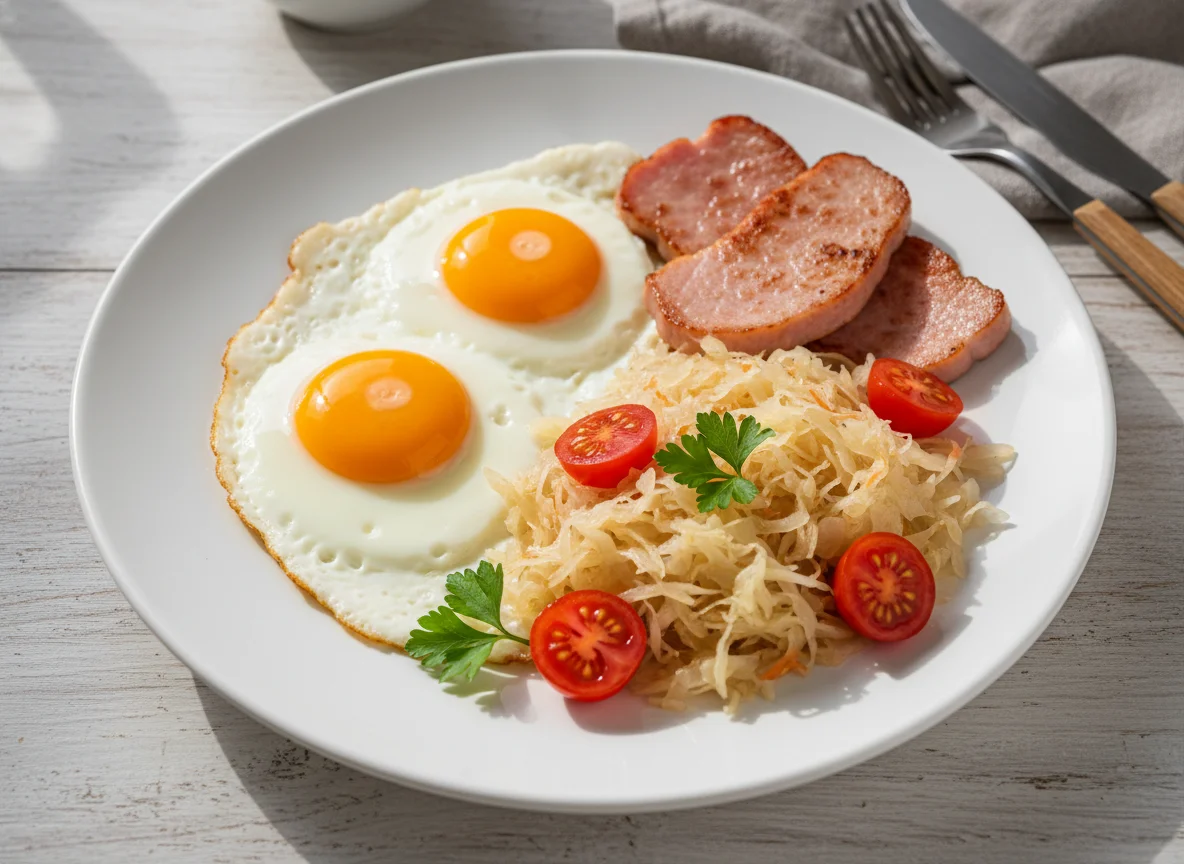 Breakfast Plate with Eggs, Ham, Sauerkraut, and Tomatoes photo
