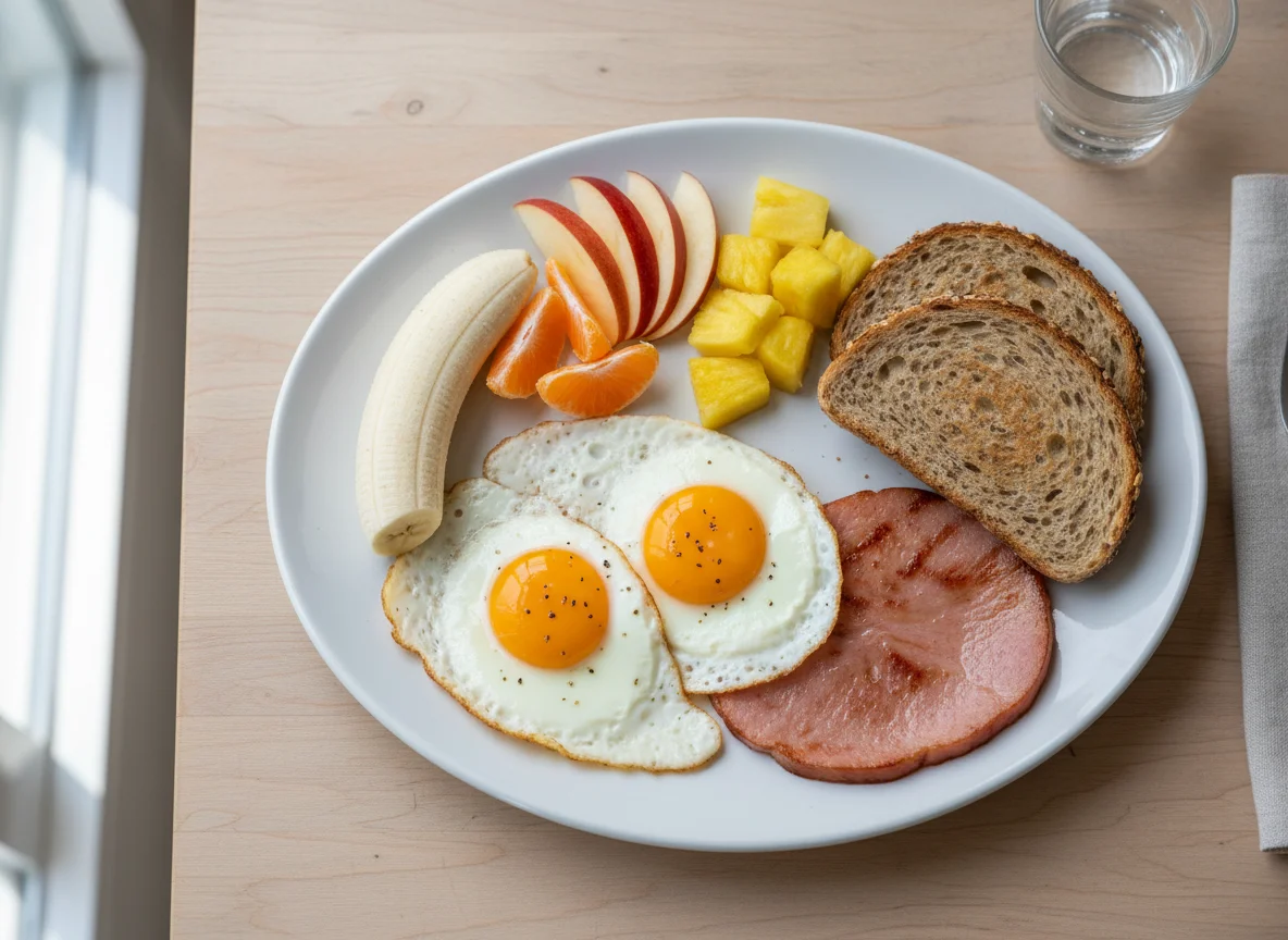 Breakfast plate with eggs, ham, toast, and fruit photo
