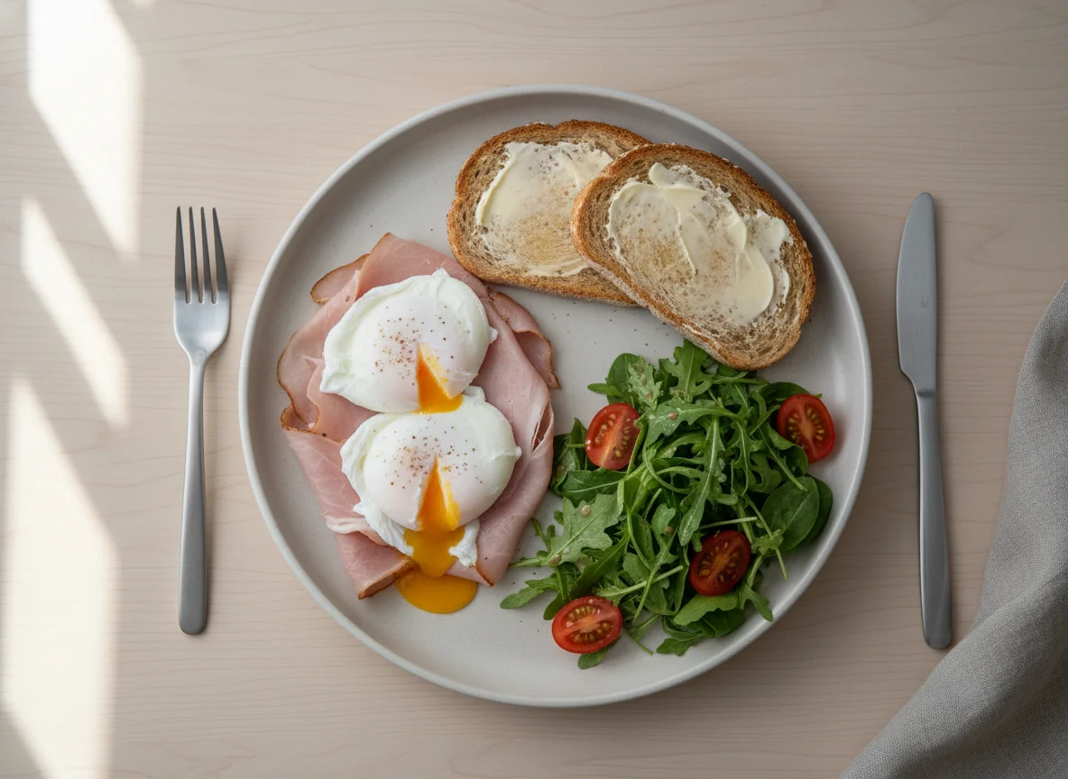 Breakfast plate with eggs, ham, toast, and salad photo