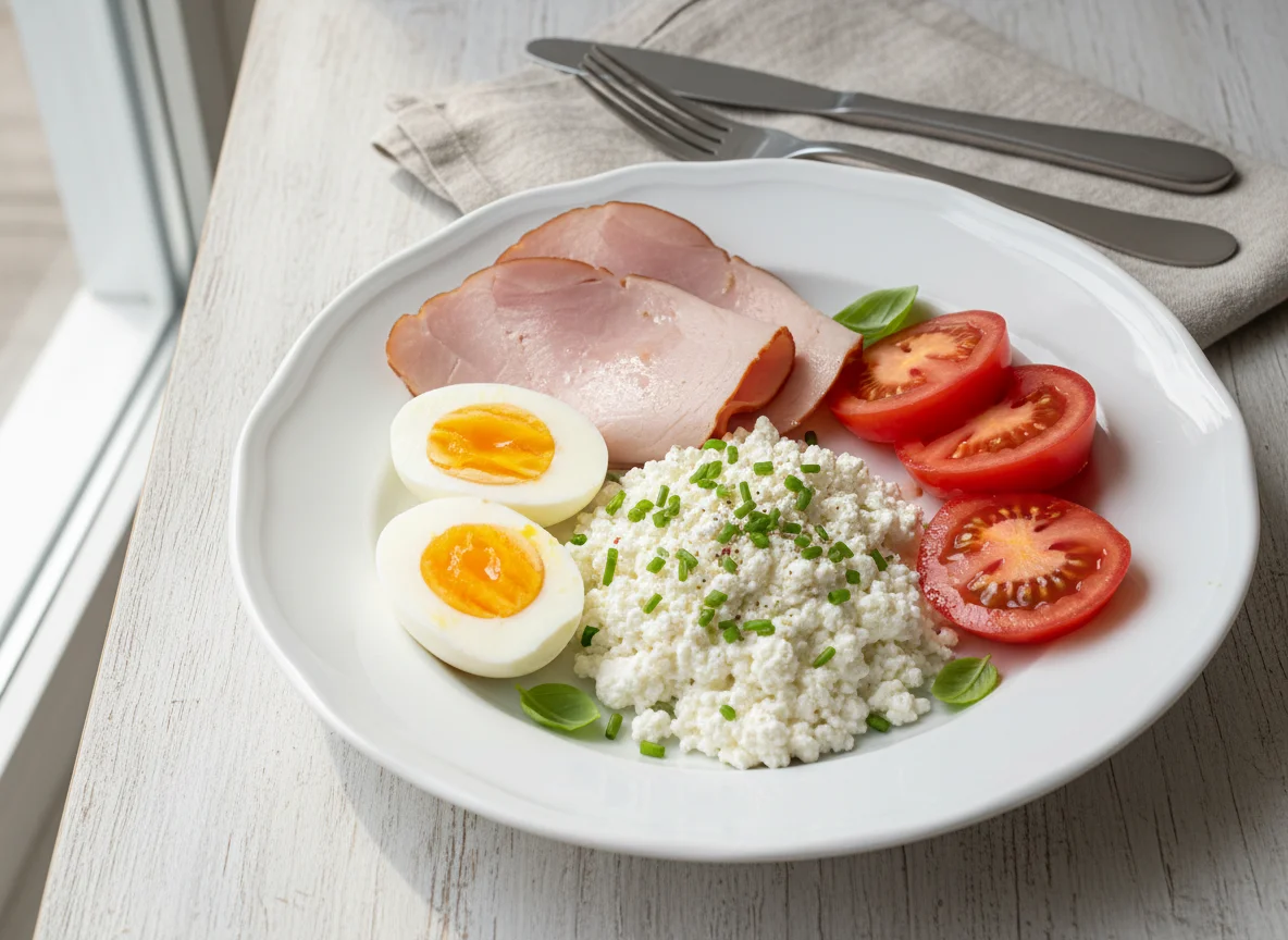 Breakfast plate with eggs, ham, tomato, and cottage cheese photo