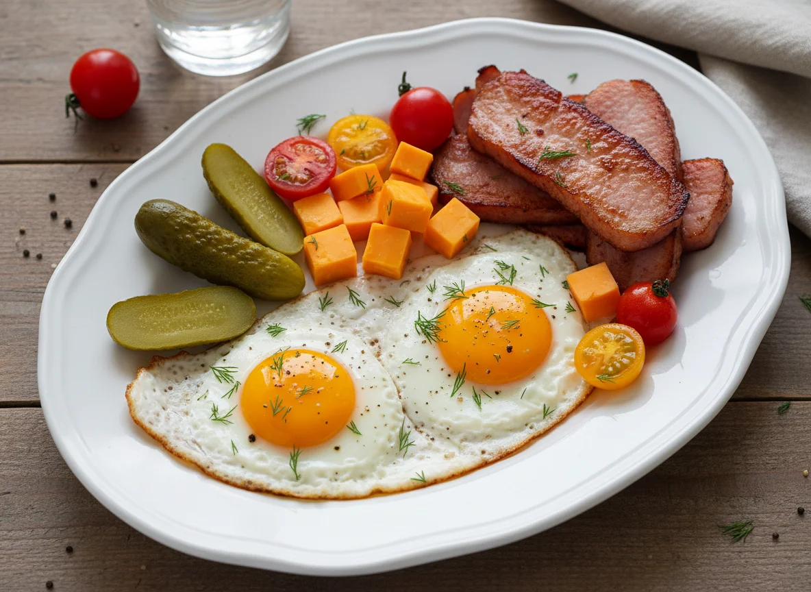 Breakfast Plate with Eggs, Ham, Vegetables, and Cheese photo
