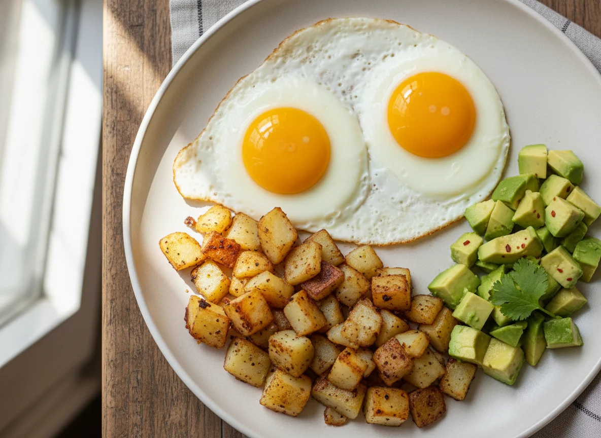 Breakfast Plate with Eggs, Hash Browns, and Avocado photo