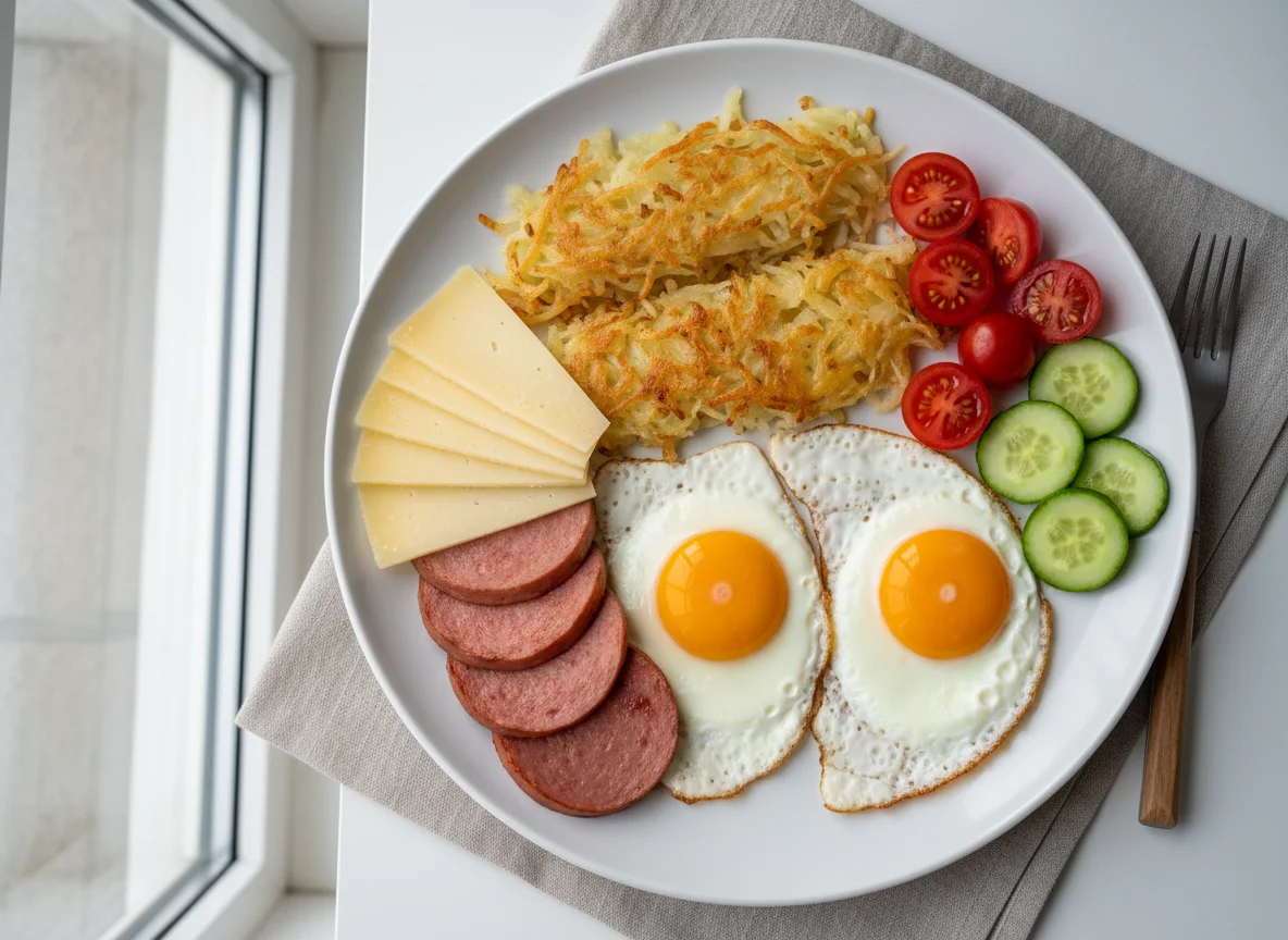 Breakfast Plate with Eggs, Hash Browns, and Sides photo
