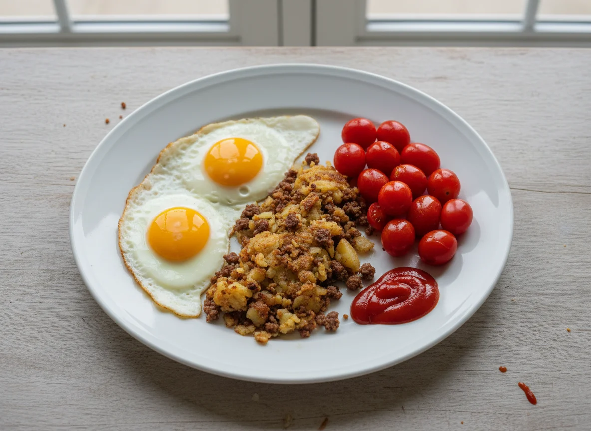 Breakfast Plate with Eggs, Hash, Tomatoes, and Ketchup photo