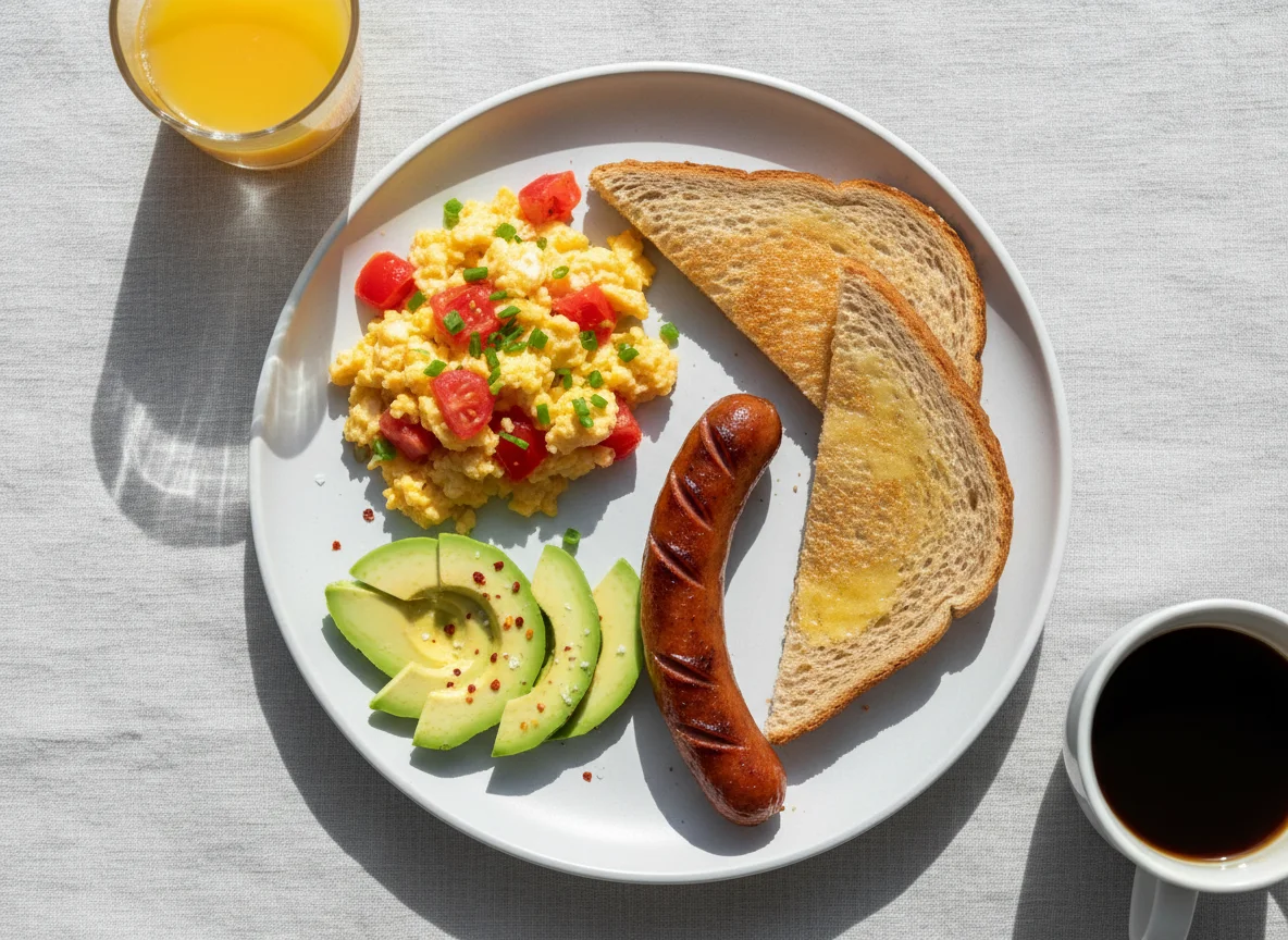 Breakfast Plate with Eggs, Hot Dog, Avocado, and Toast photo