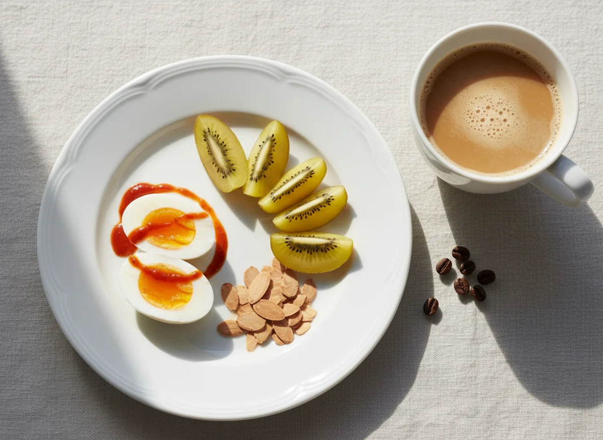 Breakfast plate with eggs, kiwi, nuts and coffee photo