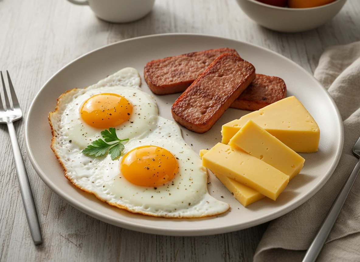 Breakfast Plate with Eggs, Luncheon Meat, and Cheese photo