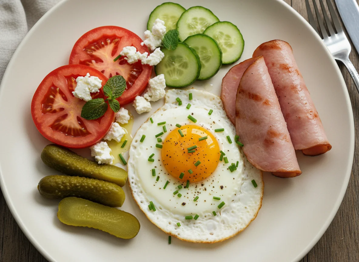Breakfast Plate with Eggs, Meat, and Vegetables photo