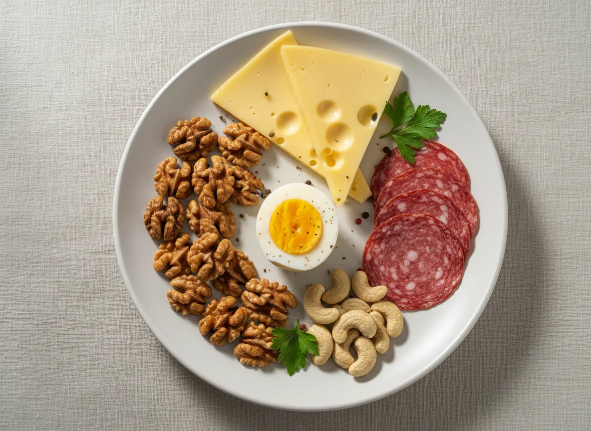Breakfast plate with eggs, nuts, cheese, and salami photo
