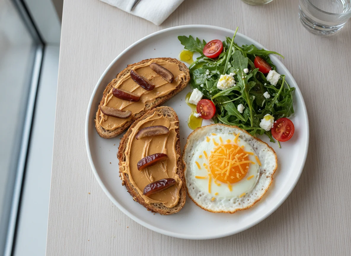 Breakfast plate with eggs, peanut butter toast, and salad photo