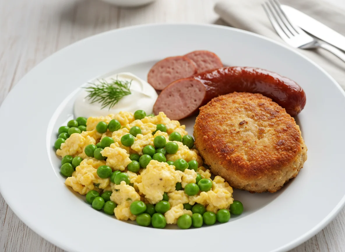 Breakfast plate with eggs, peas, cutlet, sausage, and sour cream photo