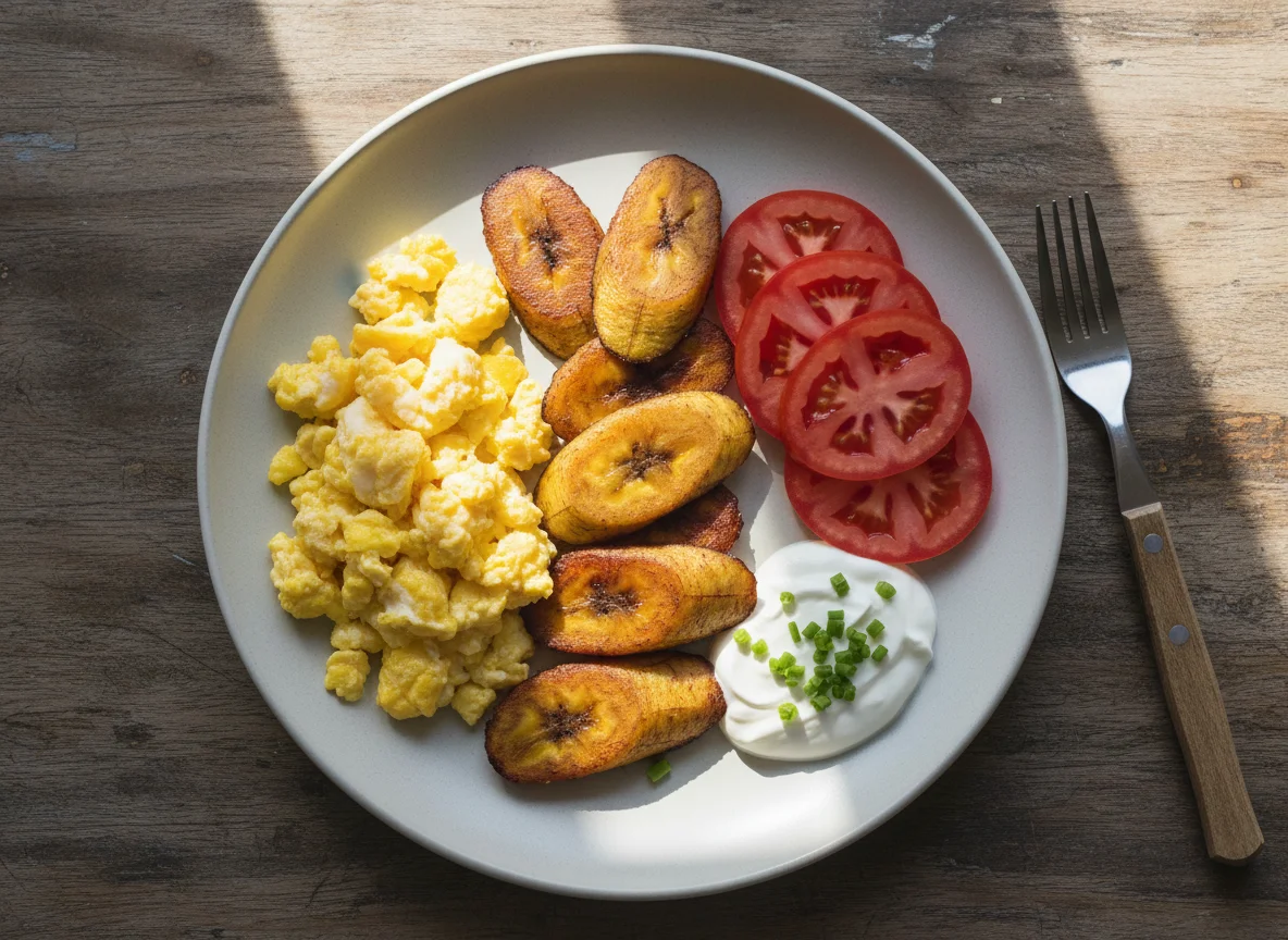 Breakfast Plate with Eggs, Plantains, Tomato, and Sour Cream photo