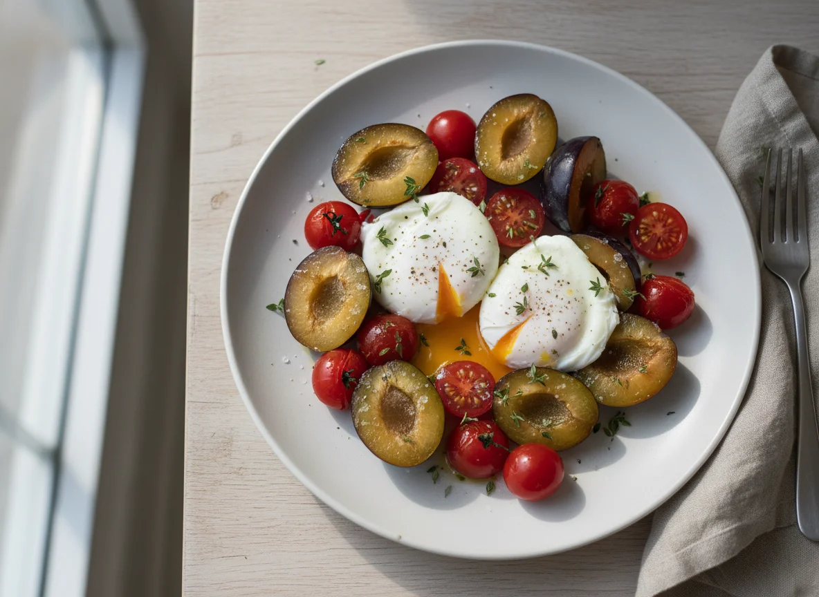 Breakfast plate with eggs, plums, and tomatoes photo