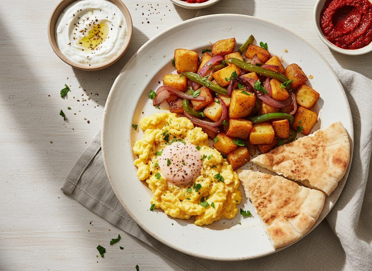 Breakfast Plate with Eggs, Potatoes, and Pita photo
