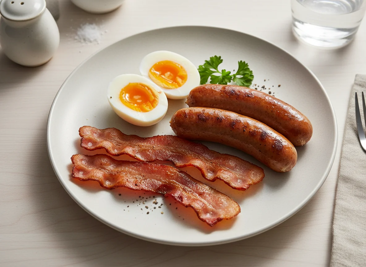 Breakfast plate with eggs, sausage, and bacon photo