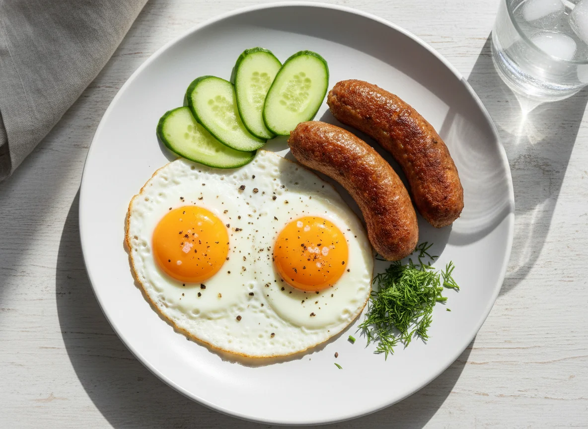 Breakfast plate with eggs, sausage, and cucumber photo